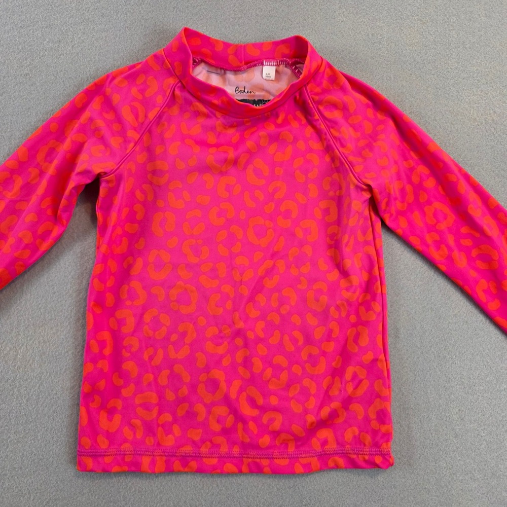 Boden Kids Pink Orange Leopard Print Long Sleeve Rash Guard UPF 40+ Size 4-5Y
